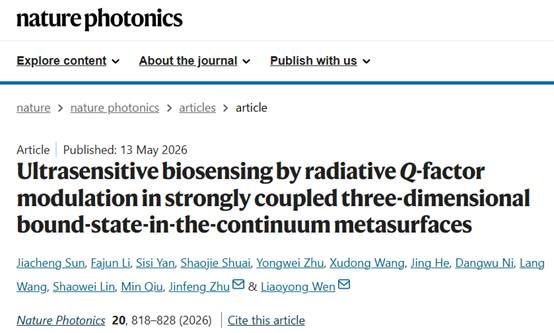 我校朱锦锋团队联合西湖大学团队在Nature Photonics发表纳米光学生物传感封面论文